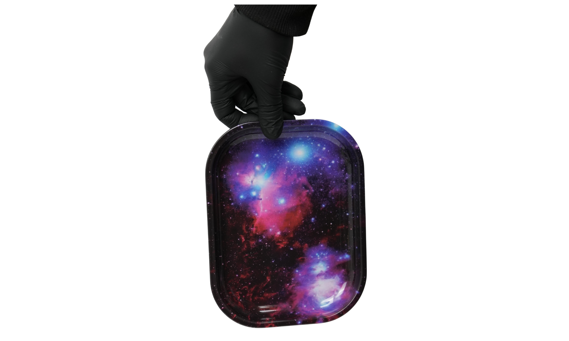 Video showcasing metal rolling tray with cosmic galaxy nebula design
