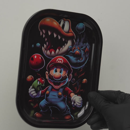 Video showing metal rolling tray with retro fantasy cartoon design, rotating view and real size