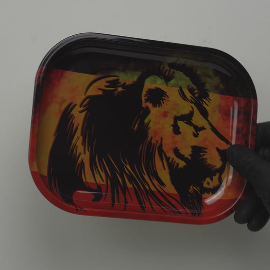 Video showcasing metal rolling tray with lion fire design and glossy finish