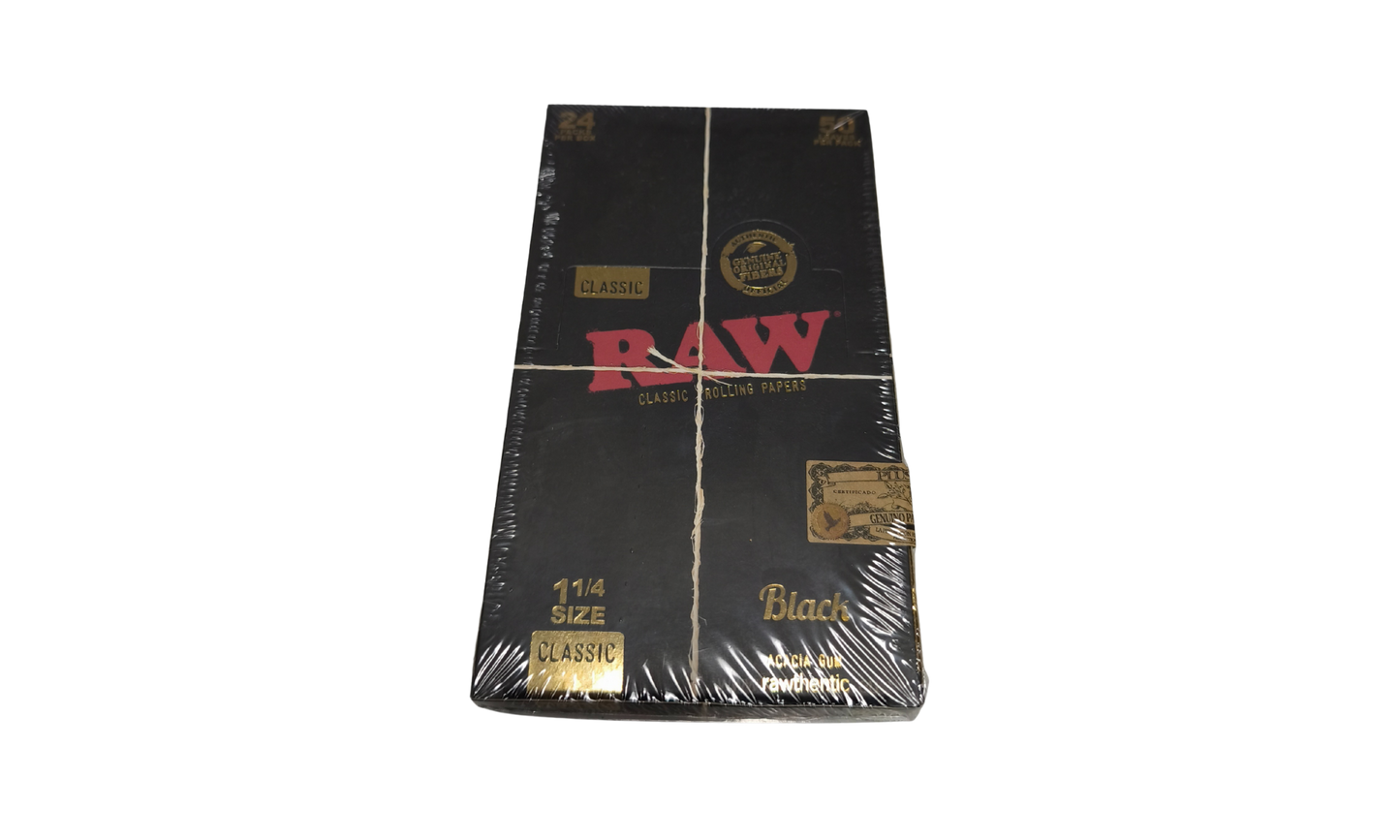 Caja RAW Black 1 1/4 papel de fumar premium con 24 librillos y 50 hojas por librillo