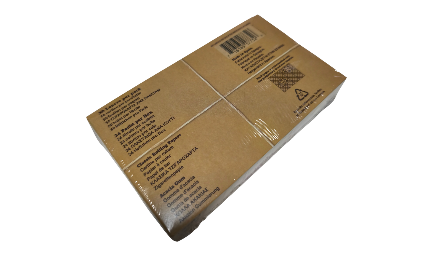 Caja RAW Classic papel de fumar tamaño 1 1/4 con 24 librillos y 50 hojas por librillo parte trasera caja