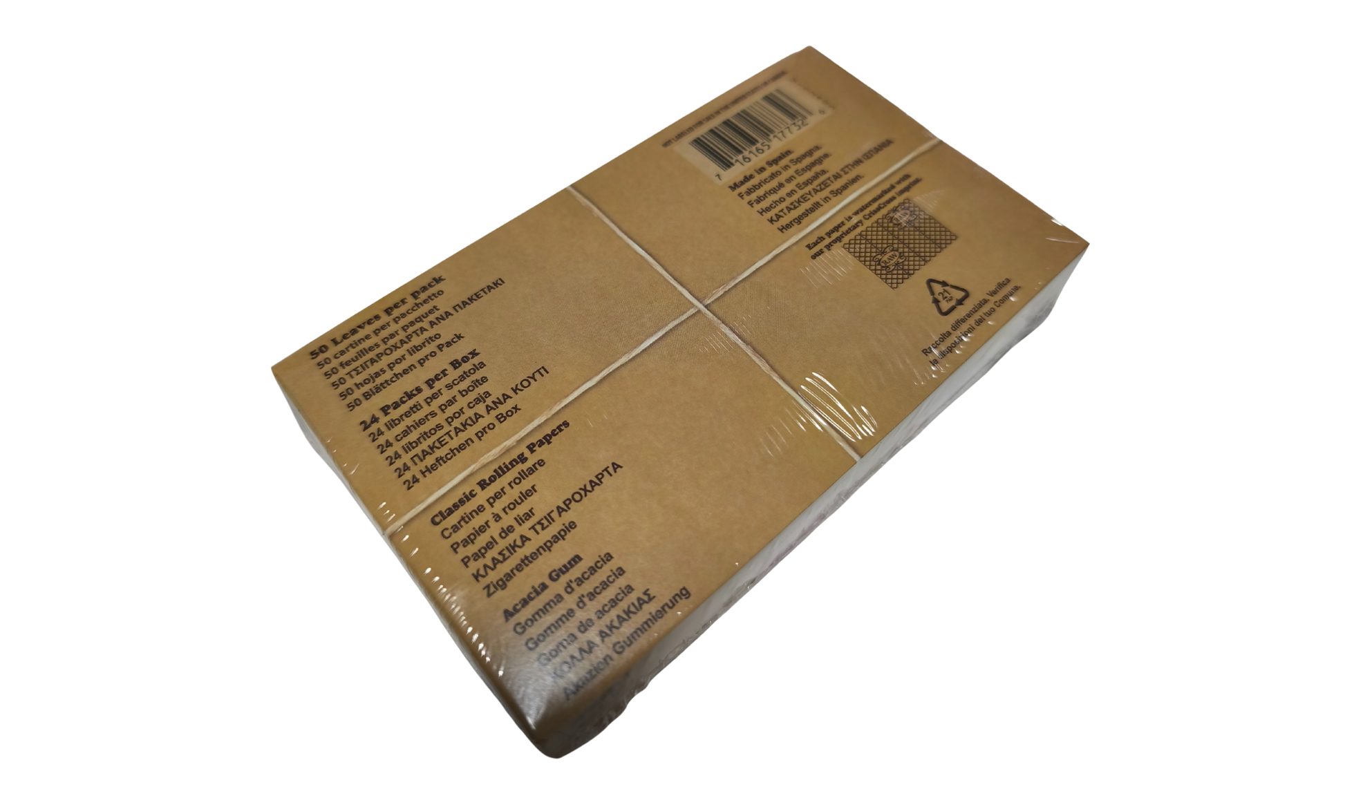 Caja RAW Classic papel de fumar tamaño 1 1/4 con 24 librillos y 50 hojas por librillo parte trasera caja