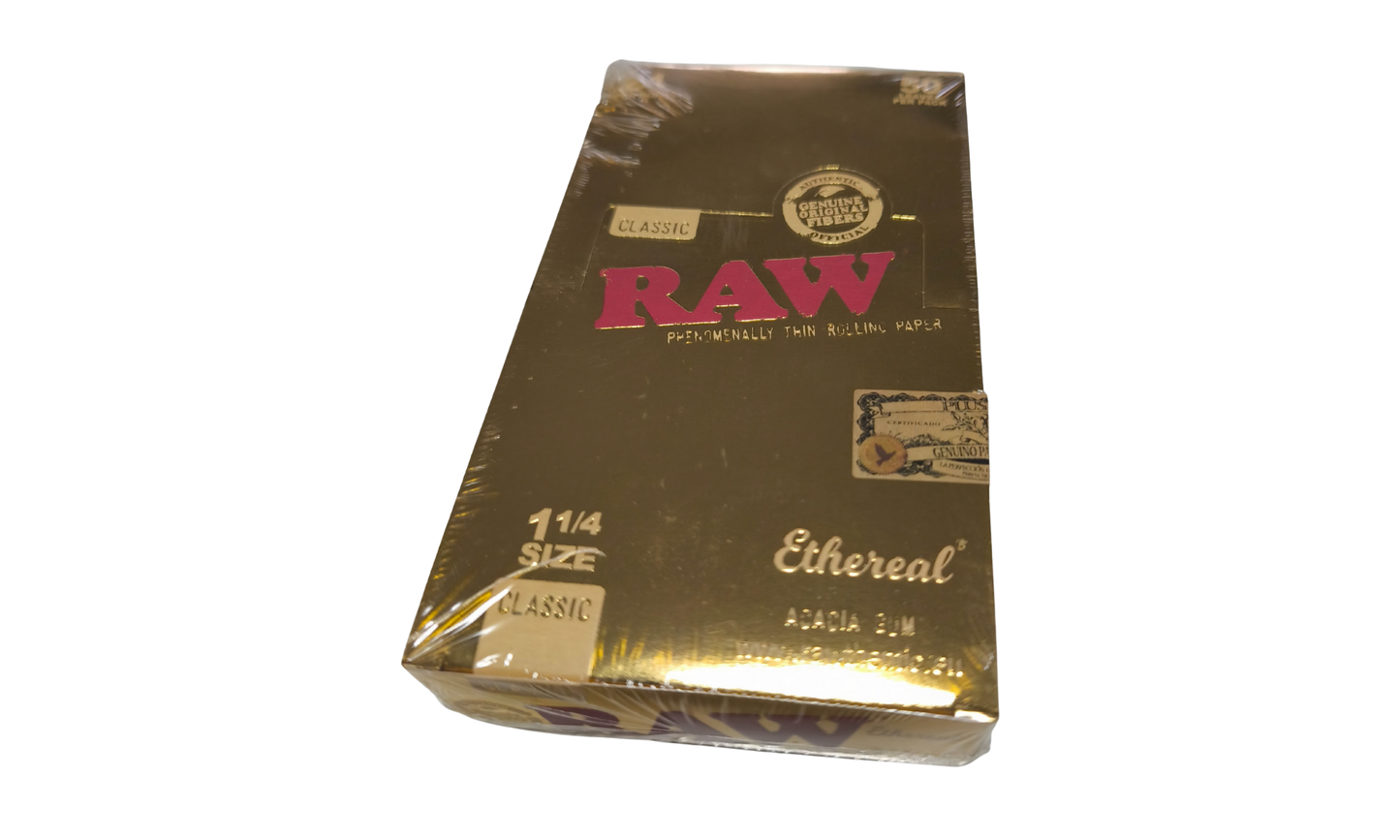 Caja RAW Ethereal edición limitada 1 1/4 papel de fumar ultra fino con 24 librillos y 50 hojas por librillo