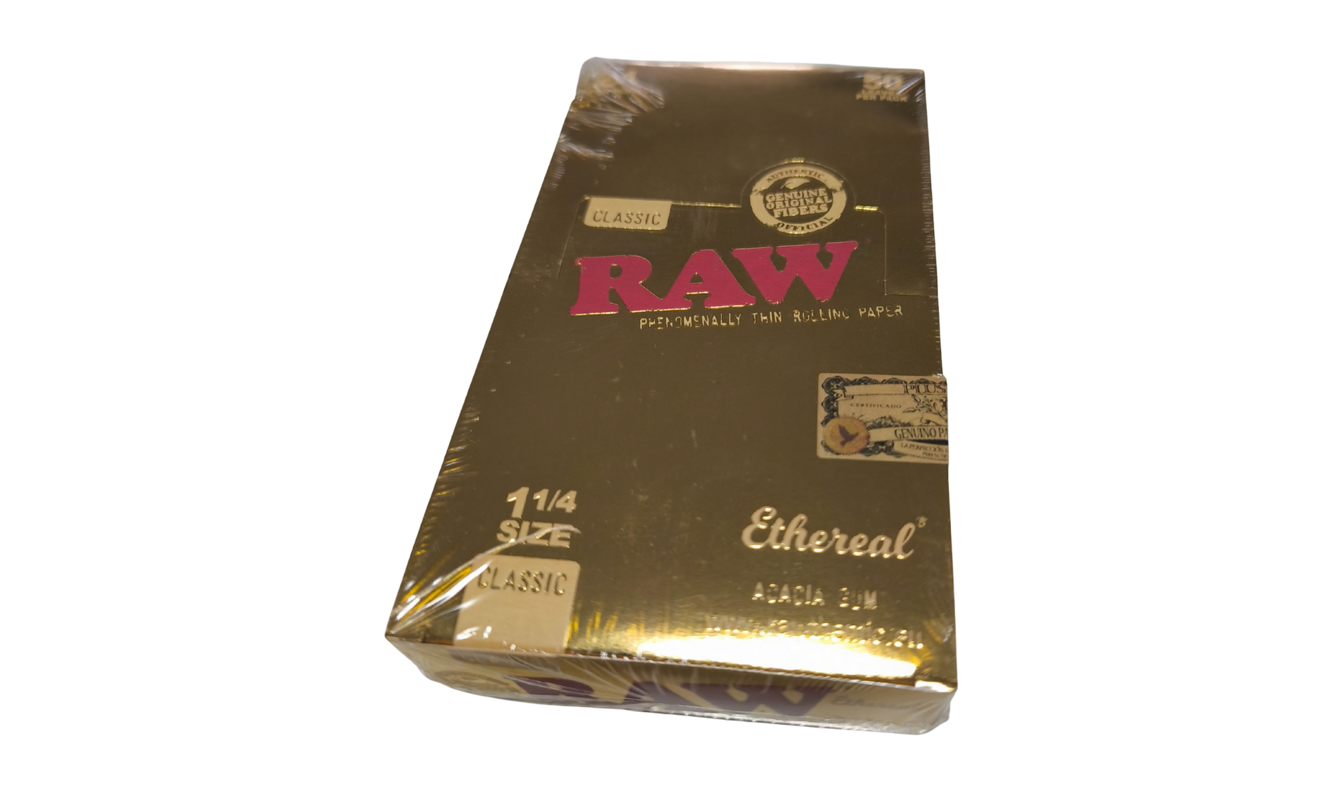 Caja RAW Ethereal edición limitada 1 1/4 papel de fumar ultra fino con 24 librillos y 50 hojas por librillo